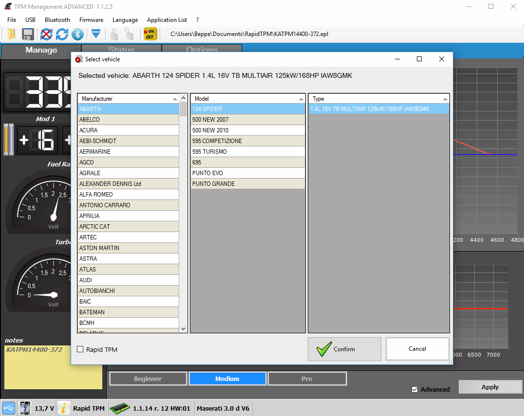 Lista applicazione integrata sul TPM SOFTWARE per calibrare in real-time con i moduli Rapid